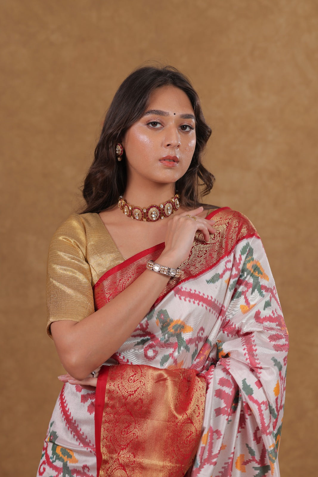 Off-White Cherry Patola Kanjeevaram silk saree Saree