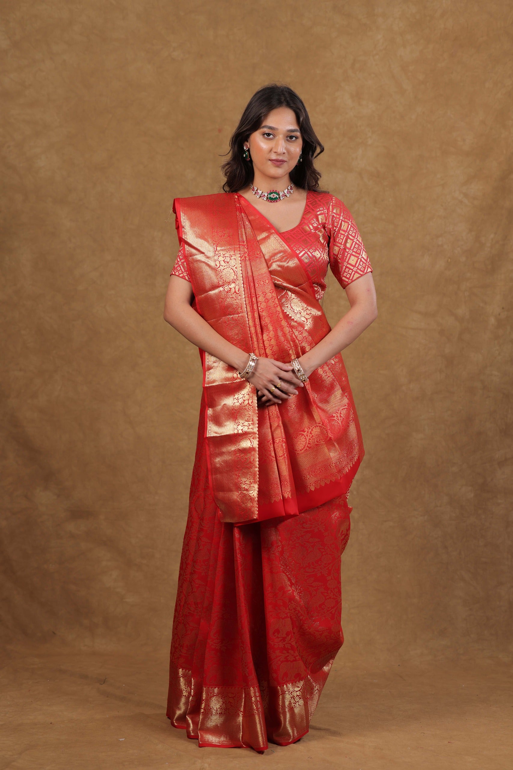 Kanjeevaram Silk Saree in Red with Shikari Jaal Design and Intricate Golden Weaving