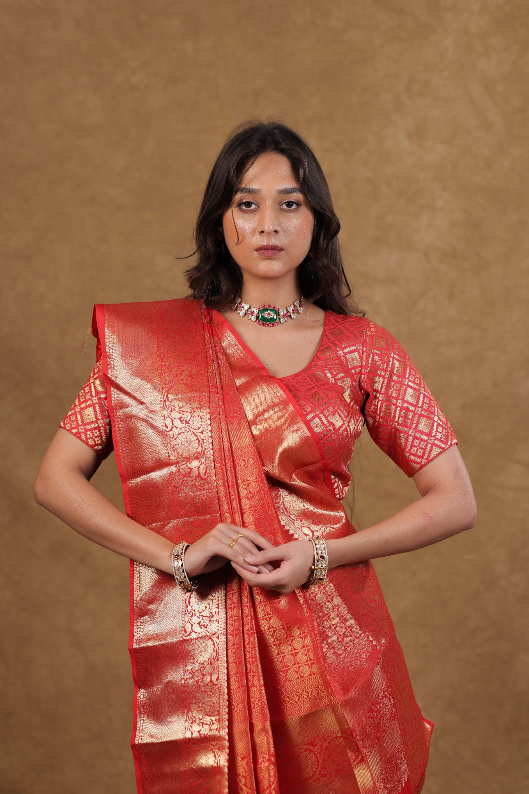 Kanjeevaram Silk Saree in Red with Shikari Jaal Design and Intricate Golden Weaving