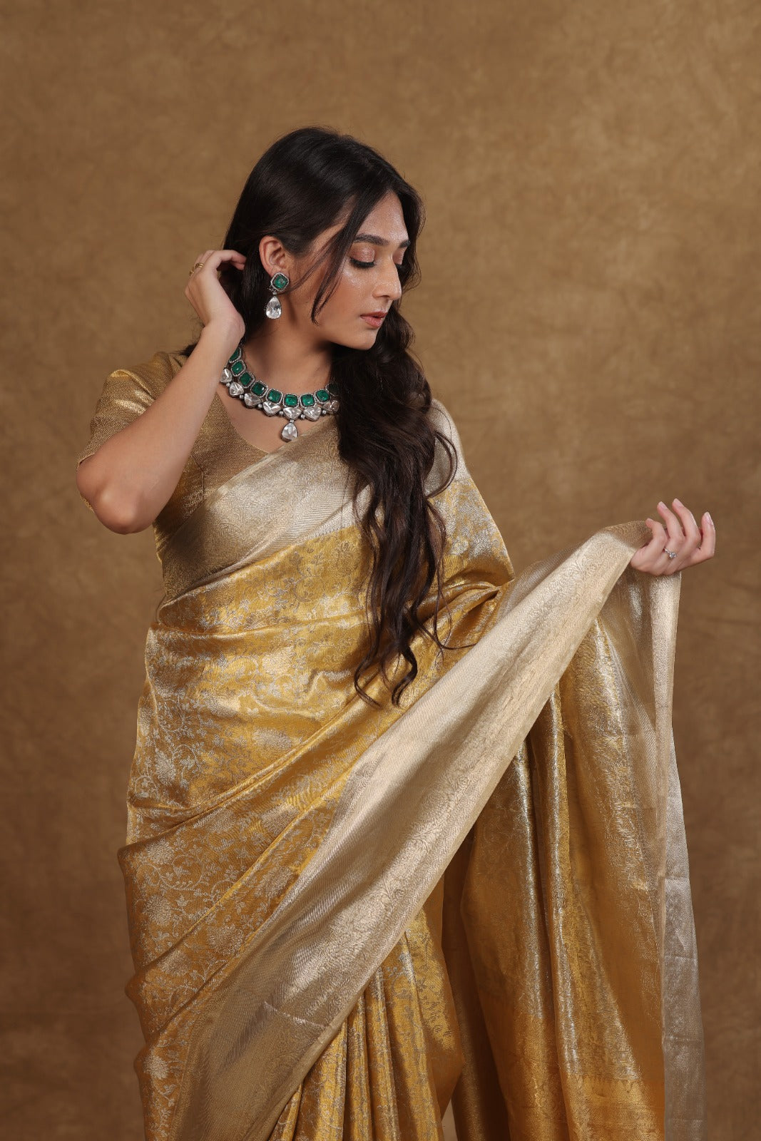 Golden Silver Kancheepuram Tissue Saree Vanshika Jaal Design