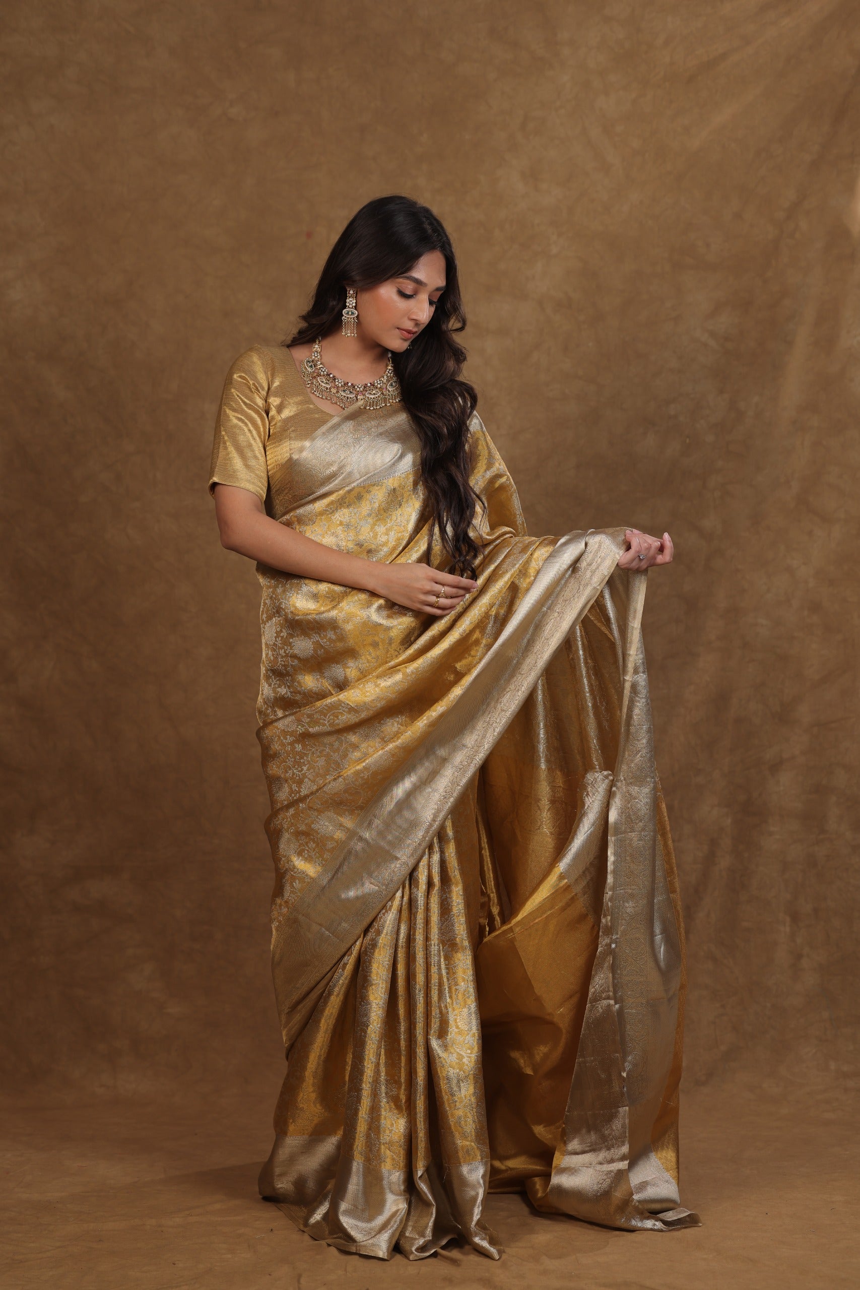 Golden Silver Kancheepuram Tissue Saree Vanshika Jaal Design