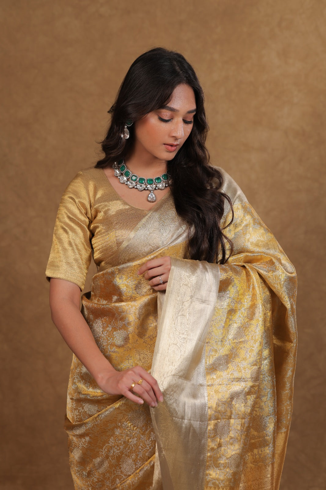 Golden Silver Kancheepuram Tissue Saree Vanshika Jaal Design