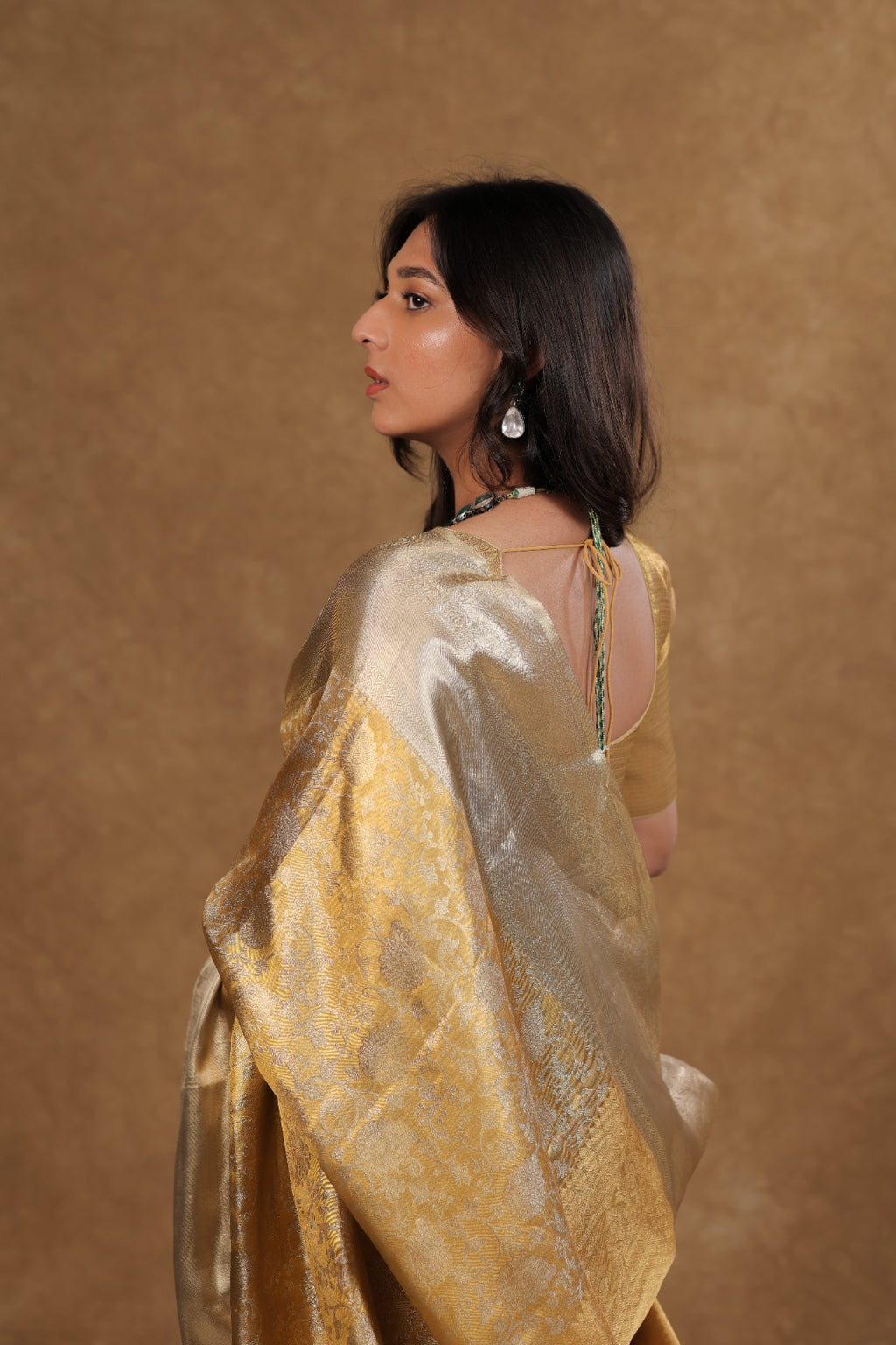 Golden Silver Kancheepuram Tissue Saree Vanshika Jaal Design