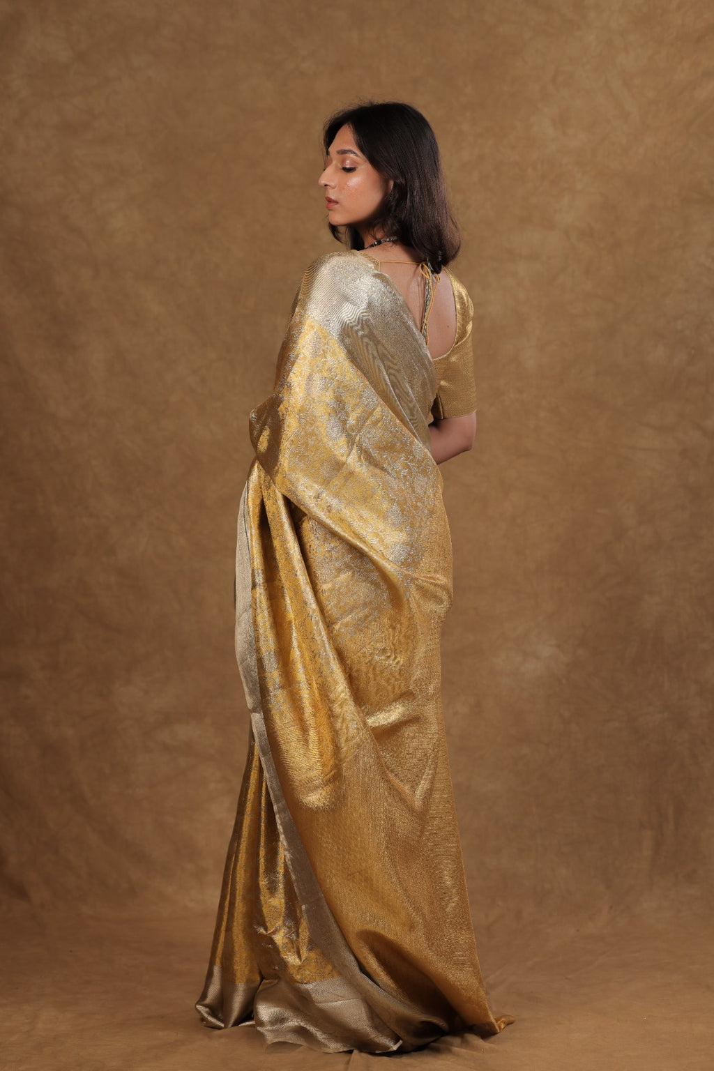 Golden Silver Kancheepuram Tissue Saree Vanshika Jaal Design