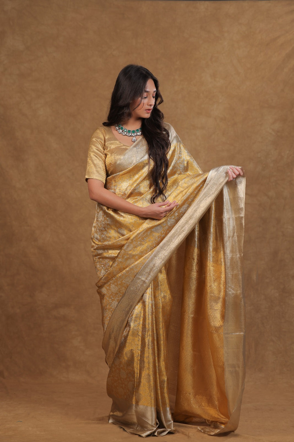 Golden Silver Kancheepuram Tissue Saree Vanshika Jaal Design