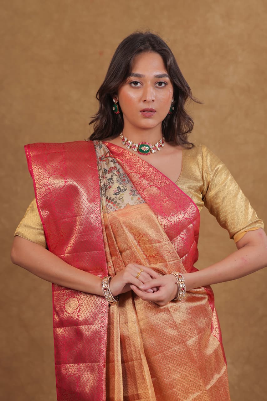 sareeGolden Maroon Zamvar Print Kanjeevaram Tissue Saree
