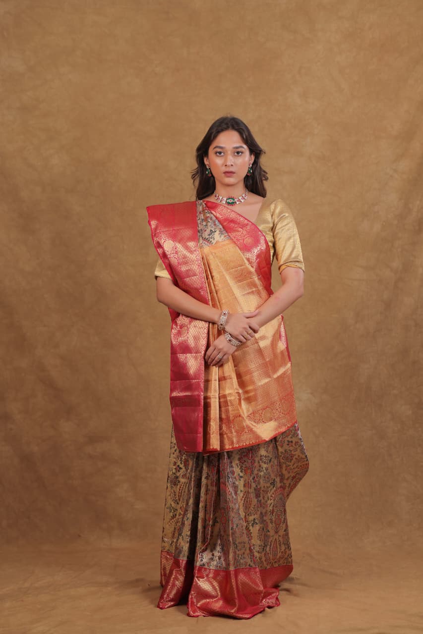 sareeGolden Maroon Zamvar Print Kanjeevaram Tissue Saree